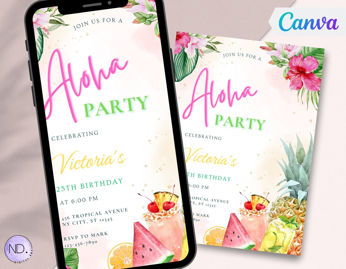 Aloha Birthday Invitation Template Tropical Party Invite Hawaii Party