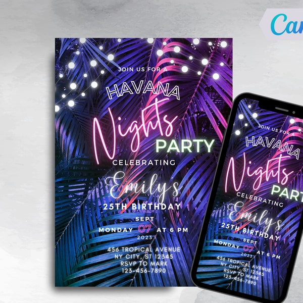 Editable Havana Nights Invitation Neon Tropical Party Invitation Havana Party Birthday Invite, Any Age, Canva Template