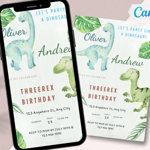 Dinosaurier Doppel Geburtstagsparty Einladung Bearbeitbare Zwillinge Dino T-Rex Einladung Threerex Junge Dinosaurier Party Invite Canva Template