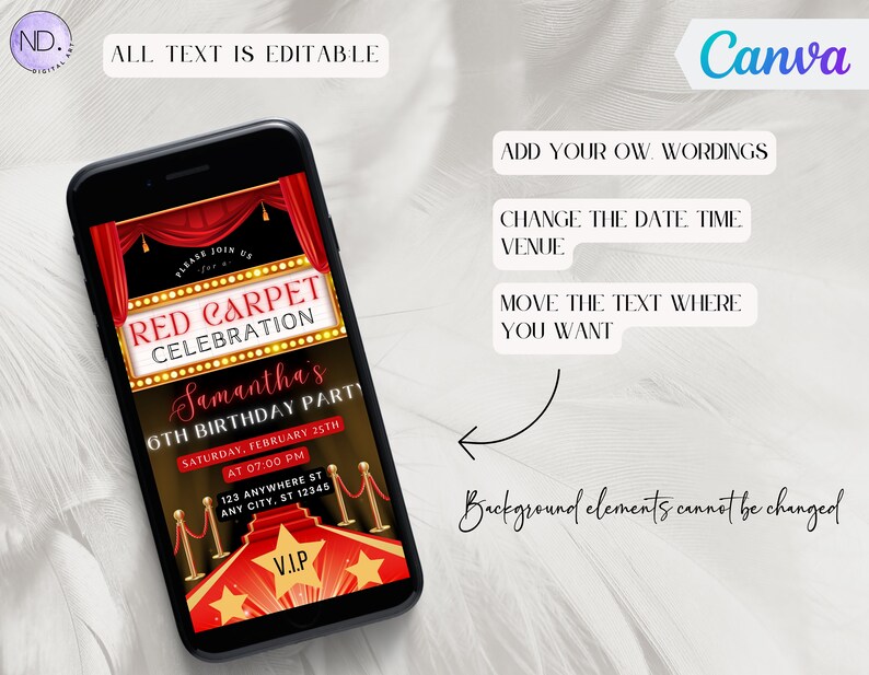 Editable VIP Pass Birthday Invitation, Red Carpet Hollywood Party ...