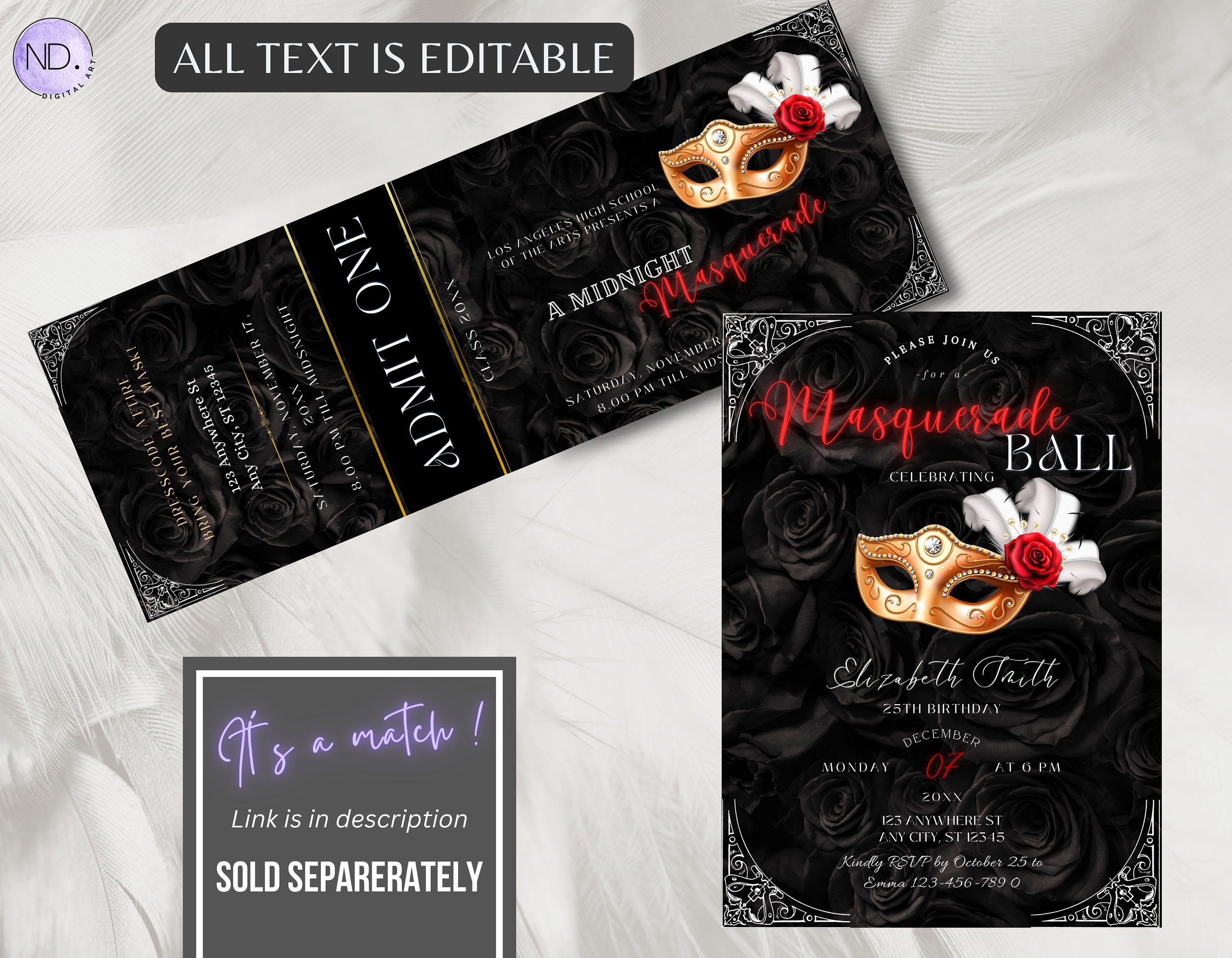 Editable Masquerade Ball Ticket Template, Black and Red Rose Masquerade