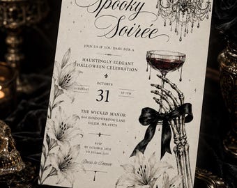 Gothic Halloween Invitation, Spooky Soirée, Skeleton Hand Champagne, Elegant Party (Digital Download)