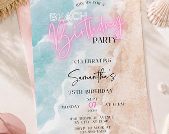 Beach Birthday Party Invitation, Editable Summer Party Invite Canva Template (Digital Download)