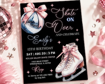 Invitación de cumpleaños con temática de patinaje sobre hielo y discoteca, invitación a fiesta de patinaje con lazo rosa, invitación de cumpleaños de invierno para niñas