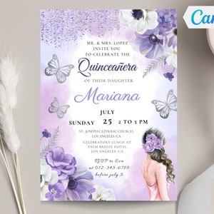 Lila Quinceañera Invitación Plantilla Acuarela Rosas Púrpuras Mis Quince 15 XV Anos 16 Cumpleaños Invitar Quinceañera Invitar Editable