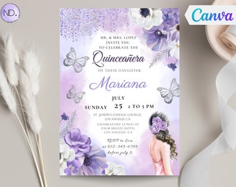 Lilac Quinceañera Invitation Template Watercolor Purple Roses Mis Quince 15 XV Anos 16th Birthday Invite Quinceañera Invite Editable