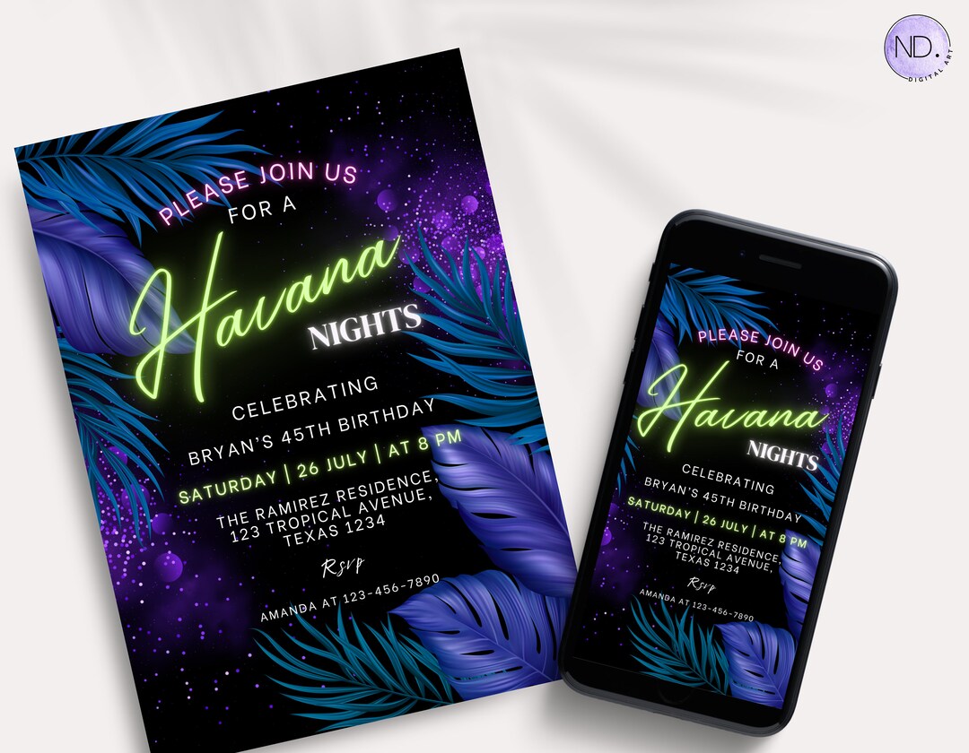 Editable Bright Havana Nights Invitation Neon Havana Party Invitation ...