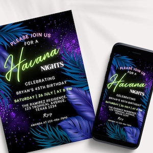 Editable Bright Havana Nights Invitation Neon Havana Party Invitation, Havana Night Birthday Invite, Print or Text, Canva Template
