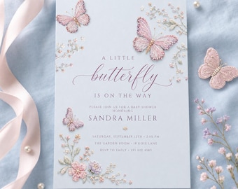 Embroidered Butterfly Baby Shower Invitation, Pink and Blue Editable Canva Template