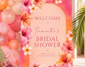Tropical Bridal Shower Welcome Sign Template, Pink Orange Ombre Party Banner