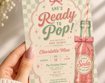 Retro Soda Baby Shower Invitation, She's Ready to Pop Invite, Mint Pink Baby Girl Shower, Canva Template