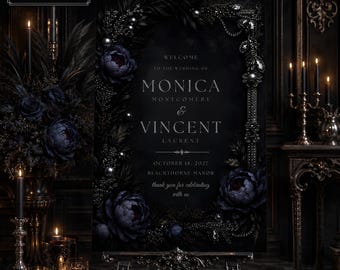 Gothic Wedding Welcome Sign | Dark Romance Wedding Decor Black Floral Moody Halloween Wedding Sign | Editable Canva Template