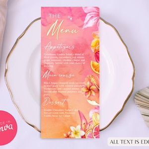 Puede incluir: Una tarjeta de menú vertical con un diseño de acuarela en tonos rosa y naranja, adornada con ilustraciones florales. El menú incluye aperitivos, plato principal y postres. El texto "ALL TEXT IS EDITABLE" está en la parte inferior.