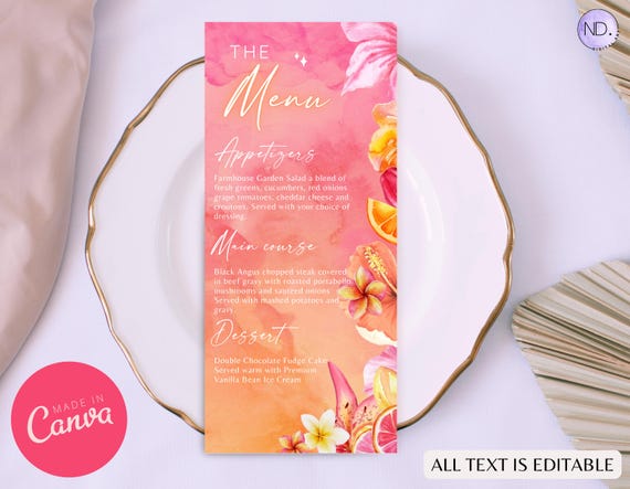 Tequila Sunrise Menu Template, Pink Orange Ombre Menu, Editable Canva Card (Digital Download)