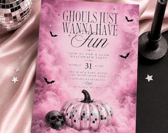 Pink Disco Pumpkin Halloween Invitation, Glam Halloween Party Invite, Editable Spooky Girls Night Invitation Template