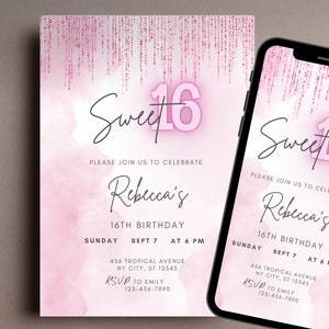 Soft Pink Sweet 16 Party Invitation Editable16th Birthday Invite Printable, Sweet Sixteen Teenage Party Invitation, Canva Template