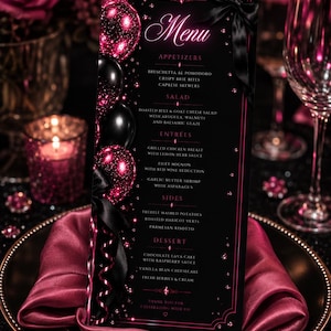 Modèle de menu d'anniversaire rose fuchsia, menu de fête noir et rose, carte de menu d'anniversaire Coquette, décoration d'anniversaire glamour, menu Canva modifiable
