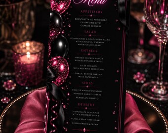Hot Pink Birthday Menu Template, Black & Pink Party Menu, Coquette Birthday Menu Card, Glam Birthday Decor, Editable Canva Menu