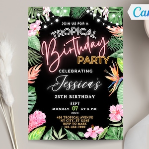 Colorful Tropical Invitation Template Neon Birthday Invite Editable Luau Party Invitation Hawaii Party Invite Any Age Invite Canva Template