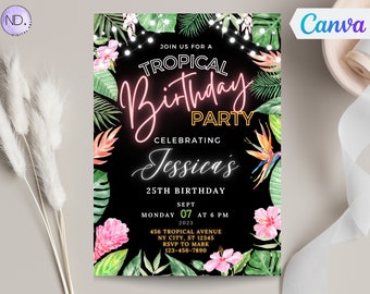 Tropical Birthday Invitation Template, Neon Luau Party (Canva, Digital Download)