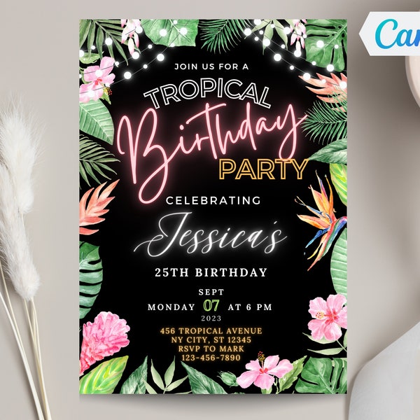 Colorful Tropical Invitation Template Neon Birthday Invite Editable Luau Party Invitation Hawaii Party Invite Any Age Invite Canva Template