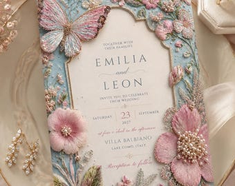 Luxury Embroidered Floral Wedding Invite, Blush Pink & Blue Wedding Invitation, Editable Canva Template