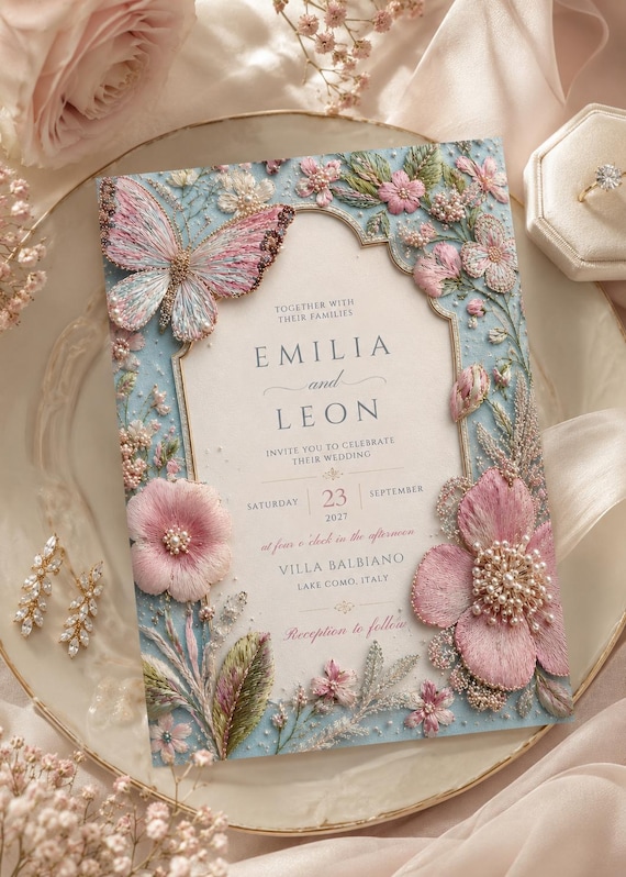 Luxury Embroidered Floral Wedding Invite, Blush Pink & Blue Wedding Invitation, Editable Canva Template
