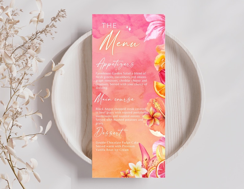 Tequila Sunrise Menu Template, Pink Orange Ombre Menu, Editable Canva Card (Digital Download)