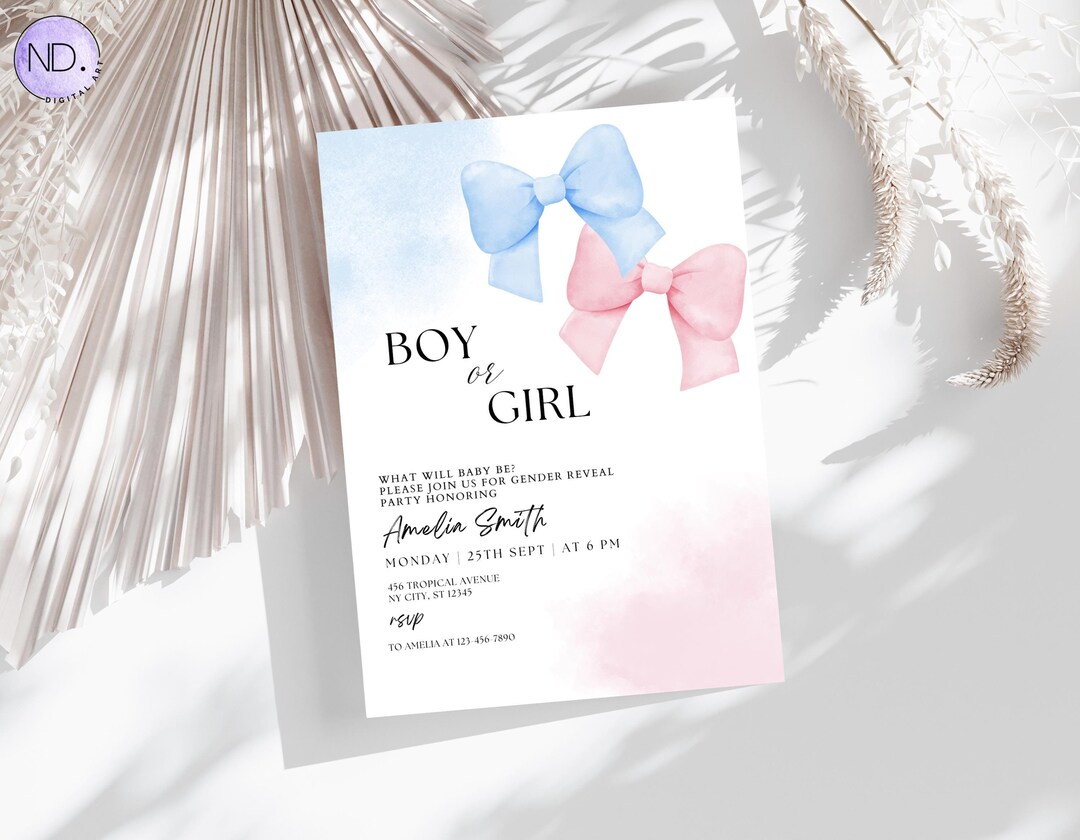 Editable Boy or Girl Gender Reveal Invitation Template Bow He or She ...