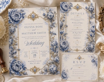 Blue Chinoiserie Wedding Invitation Set | Delft Floral French Porcelain Invitation Suite (Editable Canva Template)