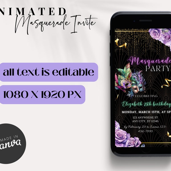 Editable Masquerade Party Animated Video Invitation, Luxury Masquerade Digital Evite ,Electronic Invite, Any Age, Canva Template