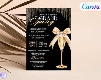 May include: A black invitation card with gold text and a champagne glass illustration. The card reads "Join us for our Grand Opening" and includes event details. A Canva logo is in the upper right corner.