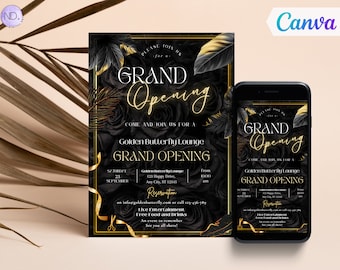 May include: Black and gold grand opening invitation with black roses and gold feathers. The invitation includes the text "Golden Butterfly Lounge Grand Opening" and details about the event, including the date, time, and location. The invitation is designed for a mobile phone screen.