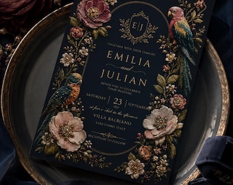 Luxury Embroidered Bird Wedding Invitation | Elegant Gold Botanical Invite | Canva Template