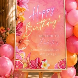 Tequila Sunrise Welcome Sign, Pink Orange Ombre Birthday Party Banner, Editable Canva Template