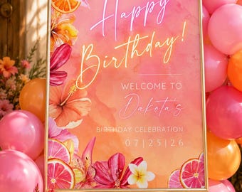 Tequila Sunrise Welcome Sign, Pink Orange Ombre Birthday Party Banner, Editable Canva Template