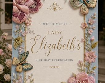 Regency Birthday Welcome Sign | Embroidered Floral Butterfly Party Banner | Editable Canva Template