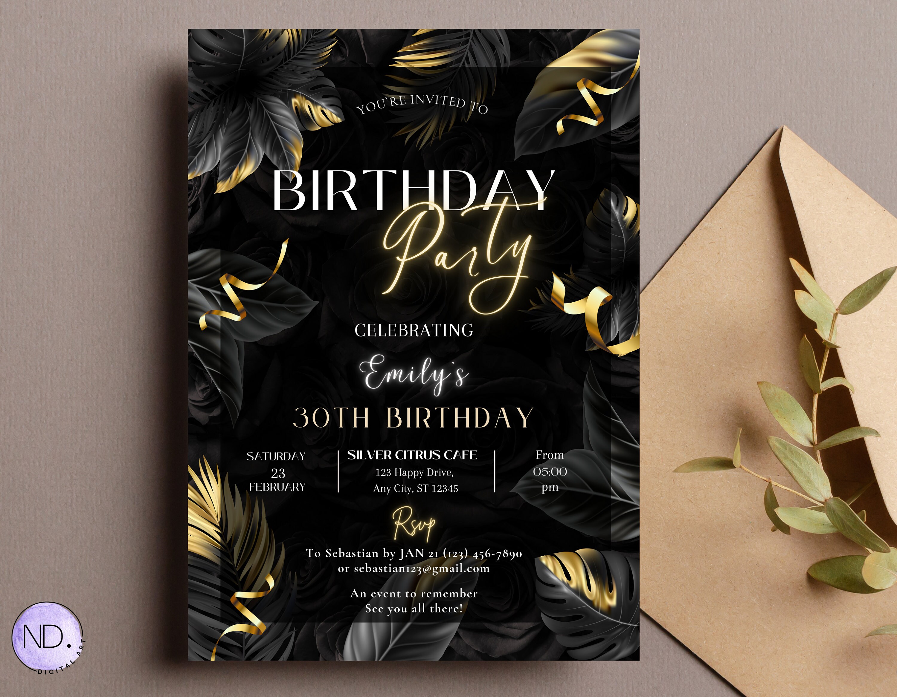Black and Gold Birthday Party Invitation, Editable Glam Party Invite ...
