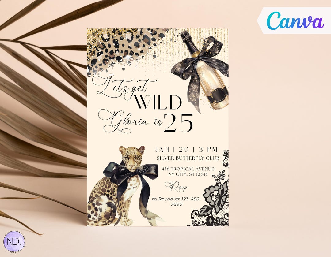 Leopard Print Birthday Invitation, Gold Champagne, Wild Party (canva ...