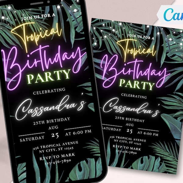 Tropical Birthday Invitation Template Editable Let's Party Invite Printable Birthday Party Invitation Hawaii Party Invite Palm Leaves Invite