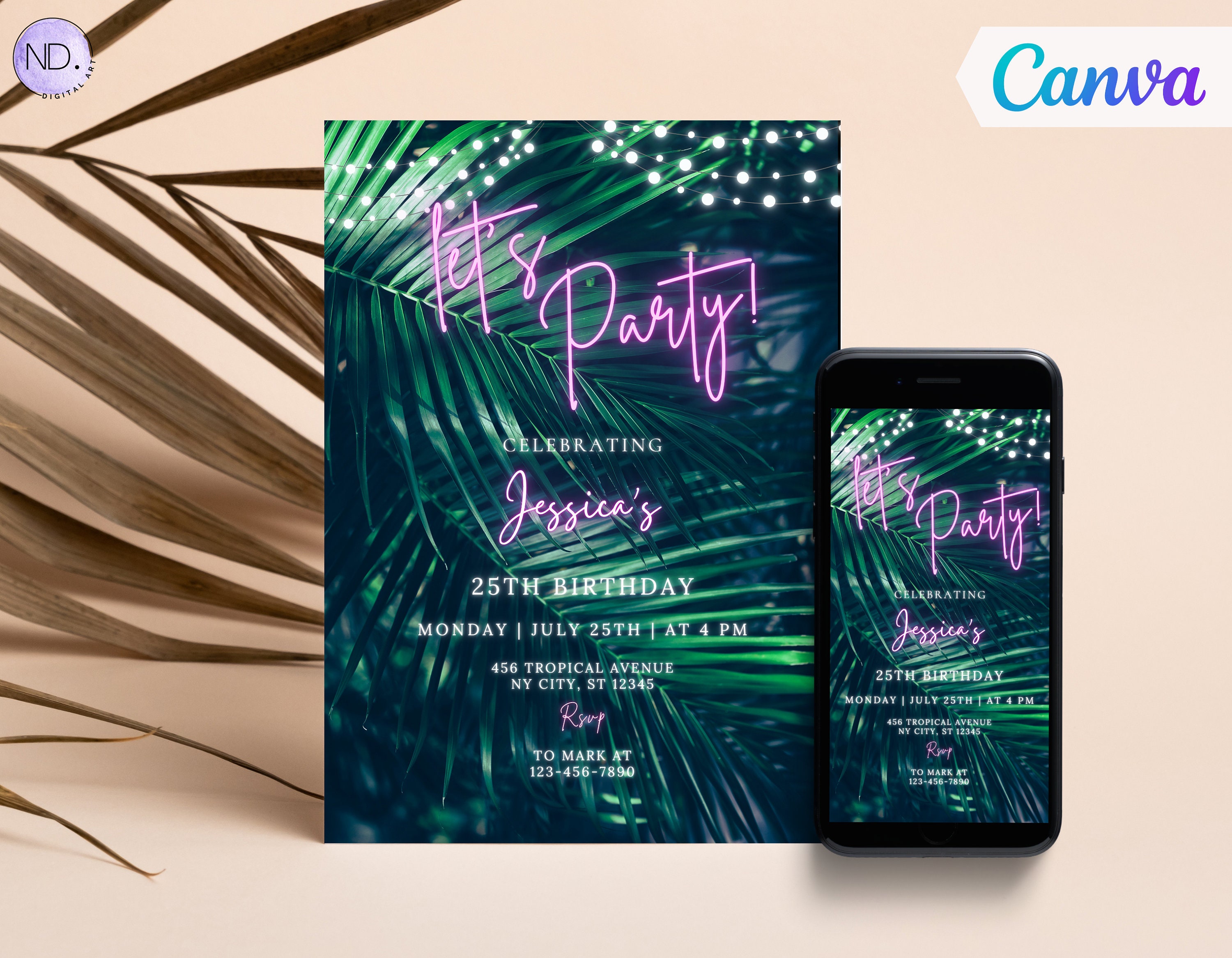 Editable Neon Birthday Invitation, Colorful Tropical Birthday Invite ...