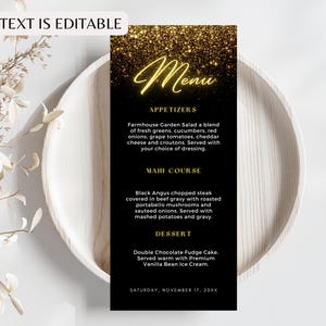 Editable Gold Menu Card Template, Gold Glitter Menu Cards, Party Dinner Menu Card, Brunch Menu, Canva Template