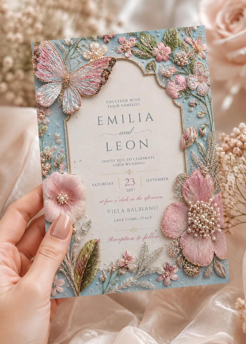 Premium high-quality editable butterfly wedding invitation featuring embroidered blush pink florals, delicate botanical details, pearl accents, and a soft powder blue background with an elegant gold arch frame. Luxury Canva template perfect for romantic, garden, spring, and elegant weddings.