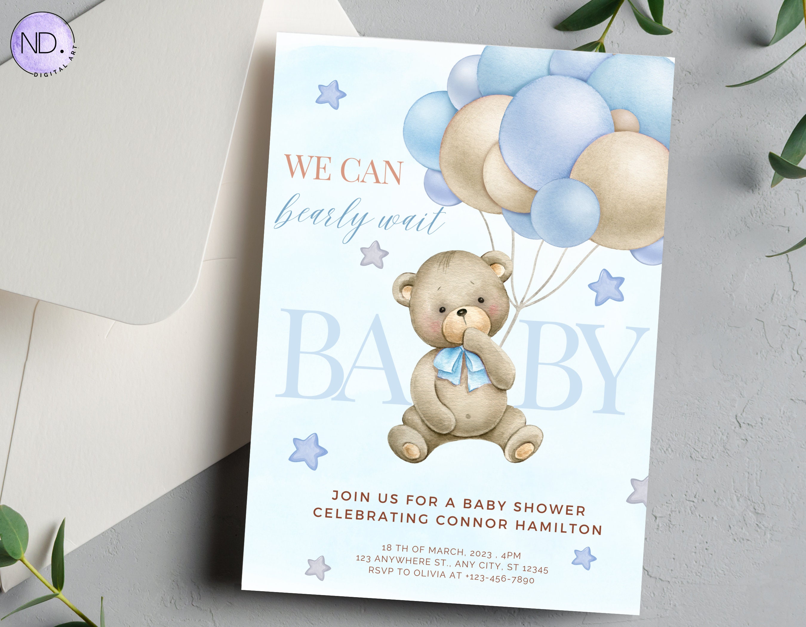 Editable Teddy Bear Balloon Baby Shower Invitation We Can Bearly Wait ...