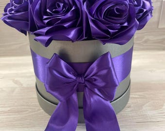 Custom Satin Rose Bouquet in Box, Silk Ribbon Flower Arrangement, Elegant Handcrafted Gift Satin Flowers, Eternal Rose Bouquet in box