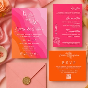 Pink Orange Ombre Wedding Invitation Suite, Summer Sunset Editable Canva Template (Digital Download)