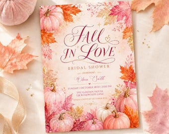 Fall in Love Bridal Shower Invitation, Pink Orange Pumpkin Autumn Bridal Shower Invite, Canva Template
