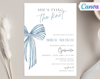 She&#39;s Tying the Knot Bridal Shower Invitation, Blue Watercolor Bow Bridal Shower Invite, Blue Ribbon Wedding Shower, Canva Template