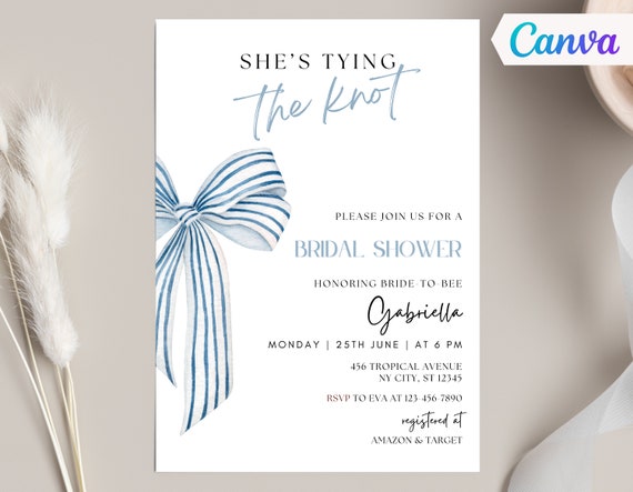 Watercolor Bow Bridal Shower Invitation, Blue Ribbon Invite (Canva Template)
