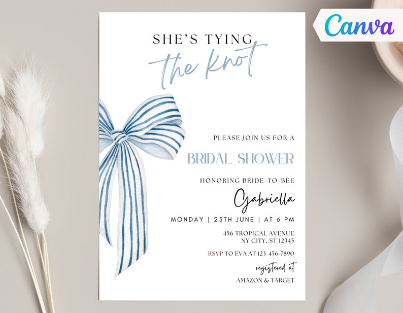 She's Tying the Knot Bridal Shower Invitation, Blue Watercolor Bow Bridal Shower Invite, Blue Ribbon Wedding Shower, Canva Template